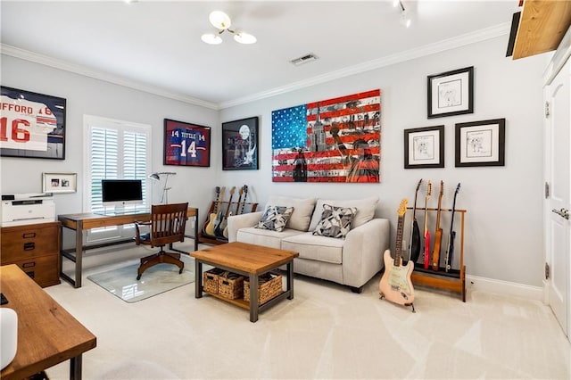 carpeted office with crown molding