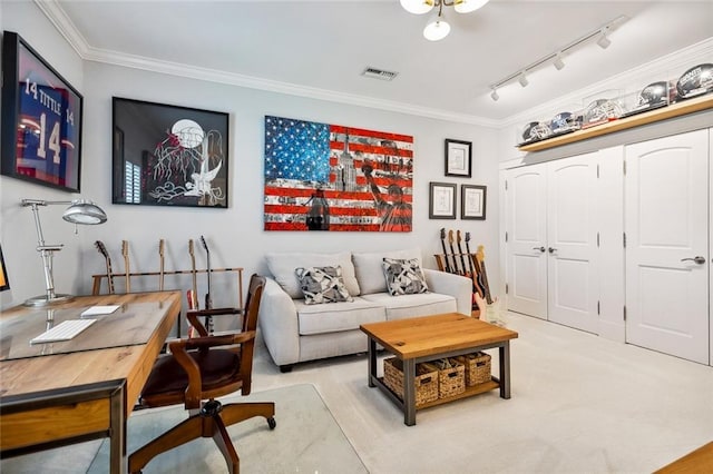 interior space featuring ornamental molding and rail lighting