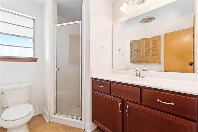 bathroom featuring vanity, tile patterned floors, a shower with door, and toilet