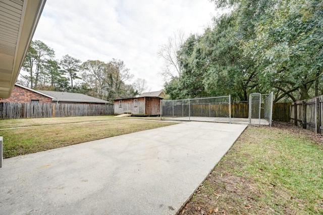 view of yard with a storage shed and a patio