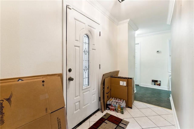 foyer featuring ornamental molding and light tile patterned flooring