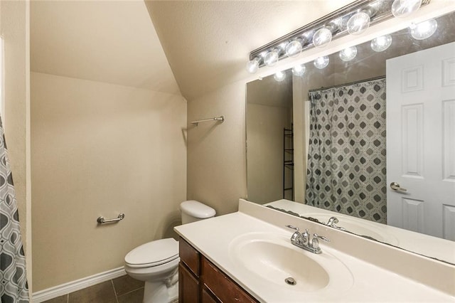 bathroom featuring lofted ceiling, tile patterned flooring, vanity, toilet, and a shower with shower curtain