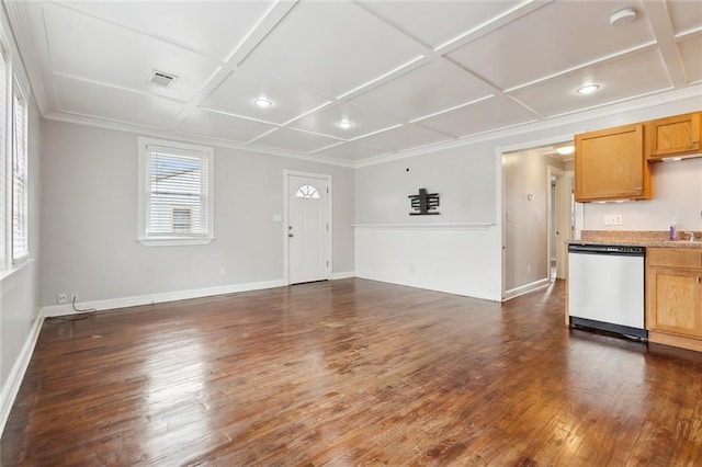 unfurnished living room with coffered ceiling and dark wood-type flooring