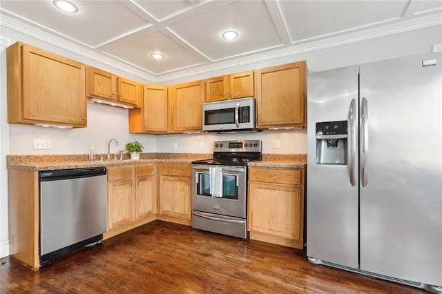 kitchen with coffered ceiling, sink, stainless steel appliances, and dark hardwood / wood-style floors