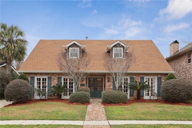 new england style home featuring french doors and a front lawn