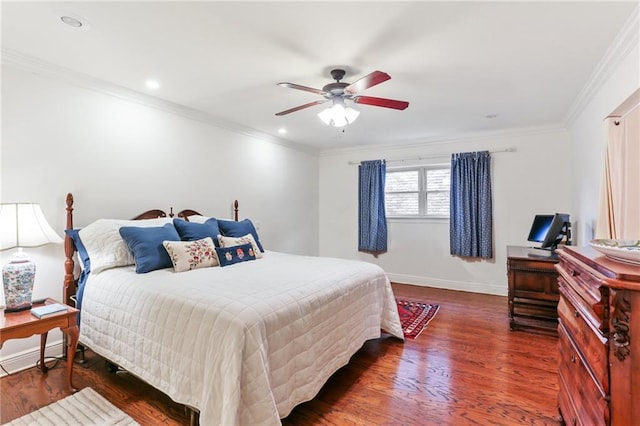 bedroom featuring crown molding, dark hardwood / wood-style floors, and ceiling fan