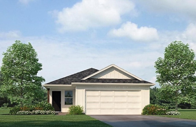 ranch-style home featuring a garage and a front yard