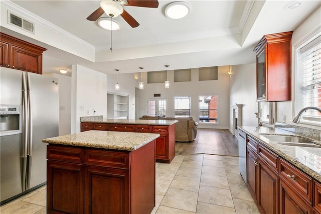 kitchen with sink, hanging light fixtures, a tray ceiling, a kitchen island, and stainless steel appliances