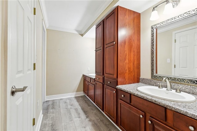 bathroom with crown molding, vanity, and hardwood / wood-style flooring