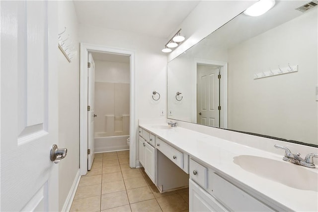 full bathroom with vanity, toilet, tile patterned flooring, and shower / bathing tub combination