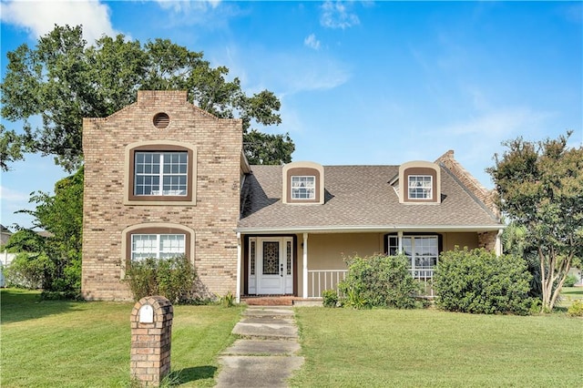 view of front of property with covered porch and a front lawn