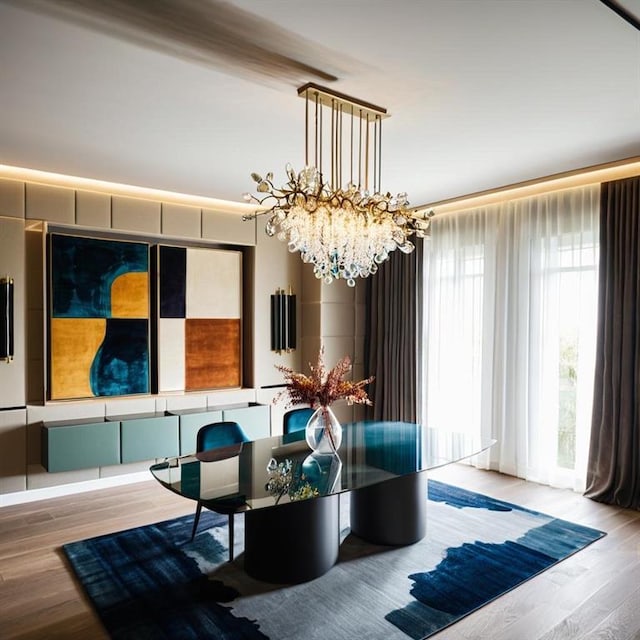 interior space featuring hardwood / wood-style floors and a notable chandelier