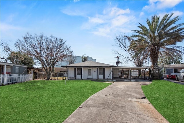 single story home featuring a carport and a front lawn