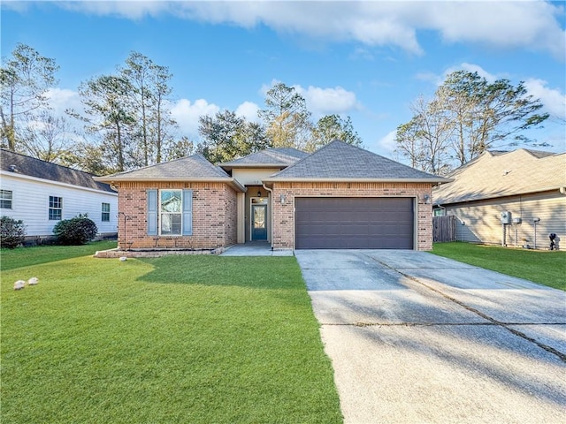 single story home with a garage and a front yard