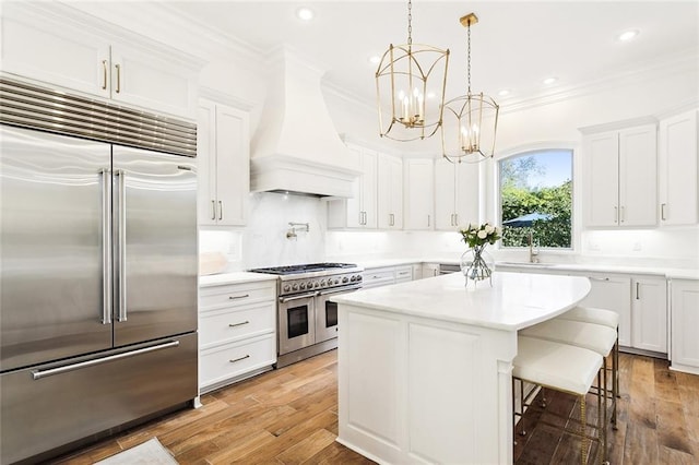 kitchen with white cabinetry, a kitchen island, custom range hood, and premium appliances