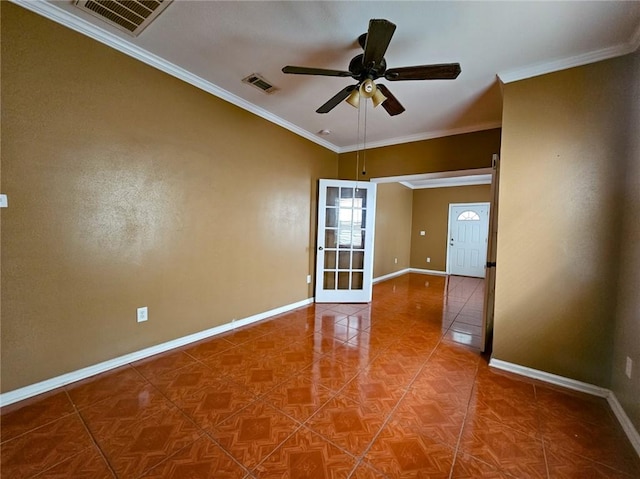 spare room with crown molding, parquet flooring, and ceiling fan