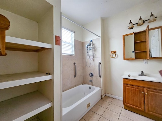 bathroom with vanity, tiled shower / bath combo, and tile patterned floors