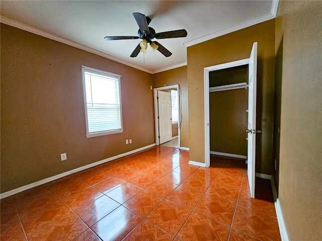 unfurnished bedroom featuring parquet flooring, ceiling fan, and ornamental molding