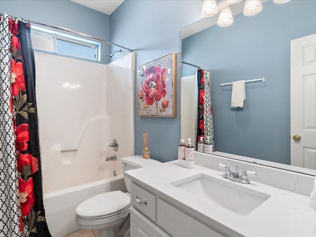 full bathroom featuring vanity, shower / bathtub combination with curtain, and toilet