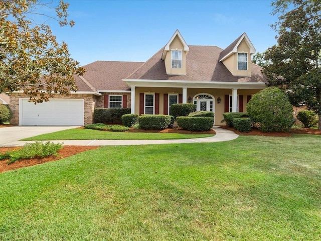 cape cod home featuring a garage and a front yard