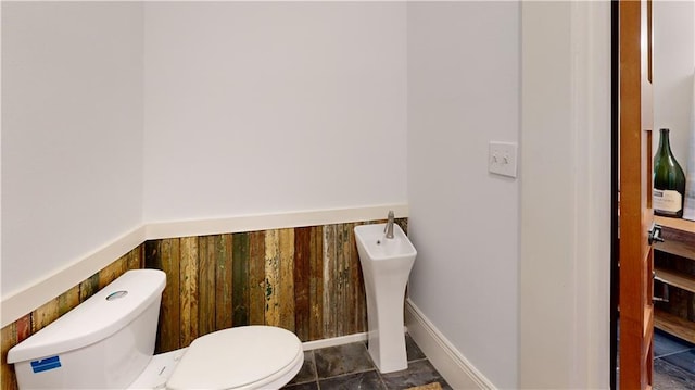 bathroom with wooden walls and toilet