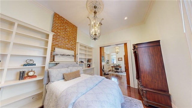 bedroom featuring a notable chandelier, crown molding, and dark wood-type flooring