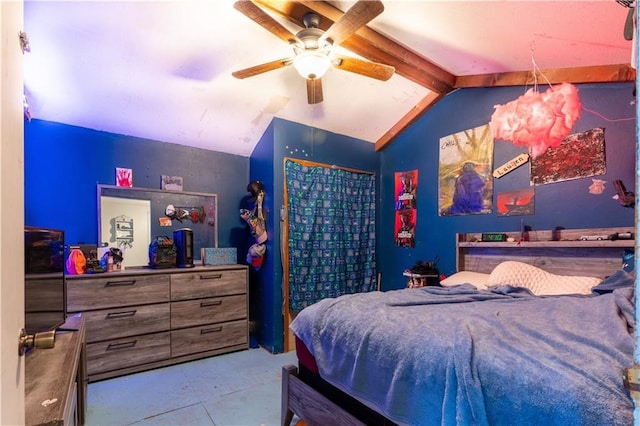 bedroom with lofted ceiling with beams and ceiling fan