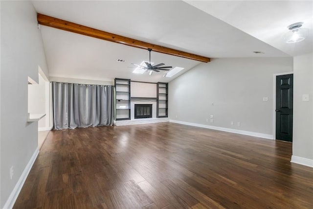 unfurnished living room featuring hardwood / wood-style flooring, lofted ceiling with beams, and ceiling fan