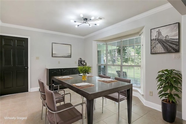 dining space featuring light tile patterned floors, a notable chandelier, and ornamental molding