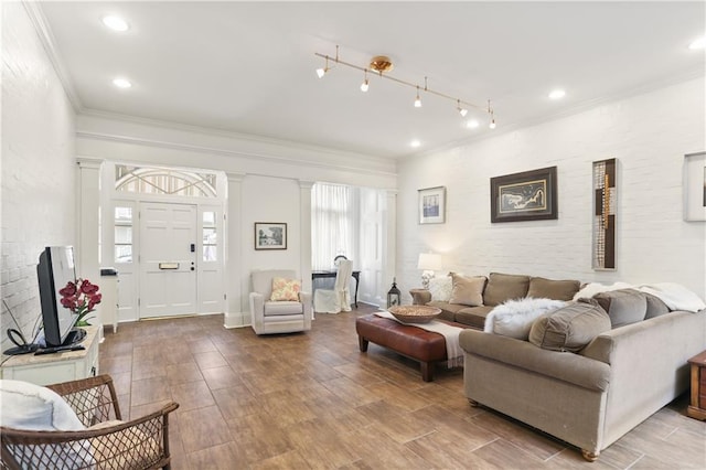 living room with ornamental molding, a healthy amount of sunlight, and rail lighting