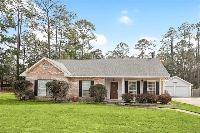 single story home featuring a porch, a garage, an outdoor structure, and a front yard