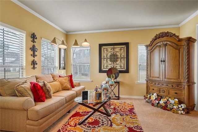 living room featuring ornamental molding, light colored carpet, and plenty of natural light