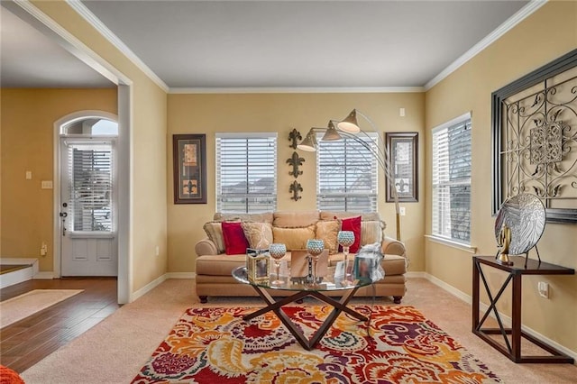 sitting room with ornamental molding and carpet flooring