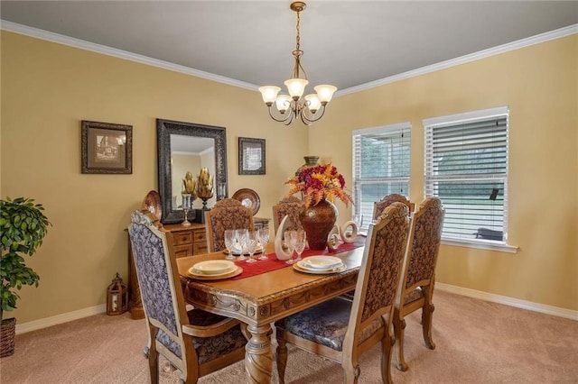 carpeted dining area with crown molding and an inviting chandelier