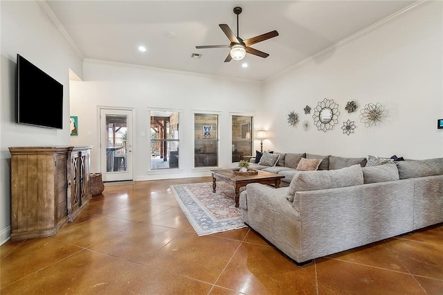 tiled living room featuring crown molding and ceiling fan