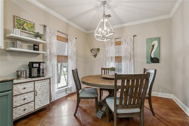 tiled dining area featuring a notable chandelier and ornamental molding