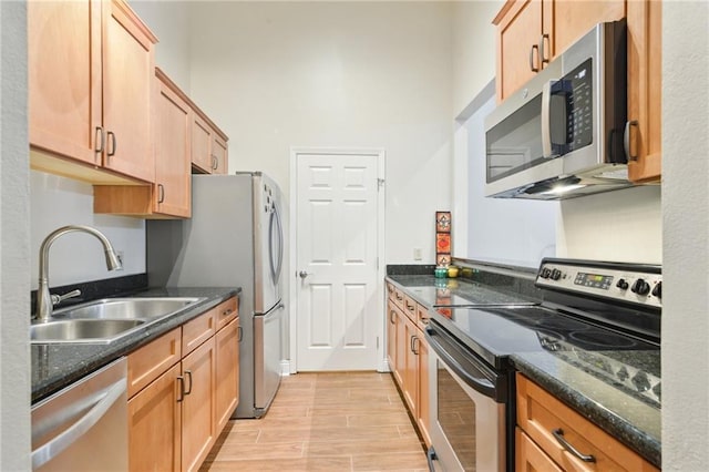 kitchen with sink, stainless steel appliances, and dark stone counters