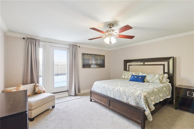 bedroom featuring ceiling fan, ornamental molding, light colored carpet, and multiple windows