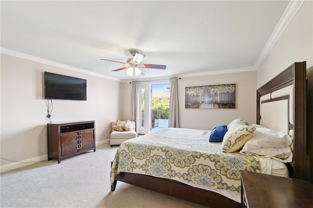 bedroom featuring crown molding, light carpet, access to outside, and ceiling fan