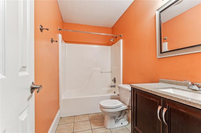 full bathroom featuring bathtub / shower combination, tile patterned flooring, vanity, toilet, and a textured ceiling