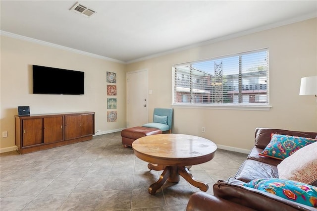 living room with crown molding