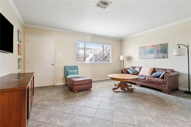 tiled living room with crown molding