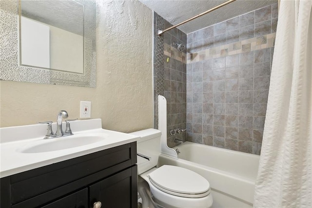 full bathroom with shower / bathtub combination with curtain, vanity, a textured ceiling, and toilet