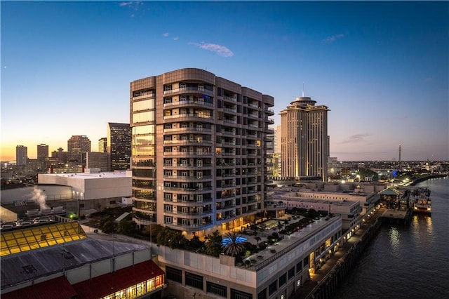 outdoor building at dusk with a water view