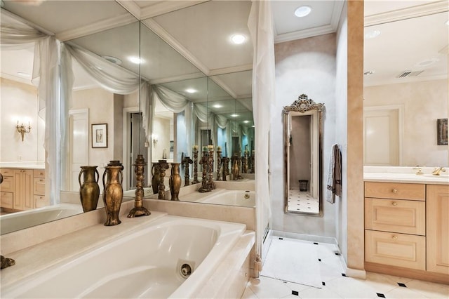 bathroom with vanity, a washtub, tile patterned floors, and crown molding