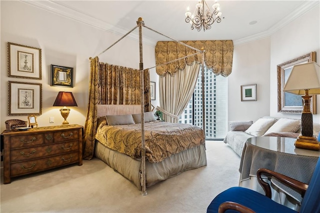 carpeted bedroom featuring ornamental molding and a chandelier