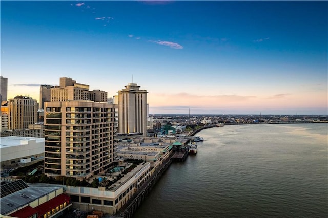 property's view of city featuring a water view