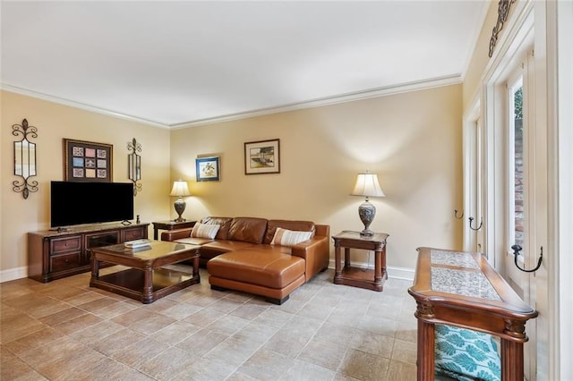 living room featuring crown molding