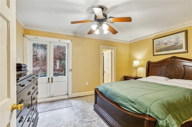 bedroom featuring ornamental molding, ceiling fan, and french doors