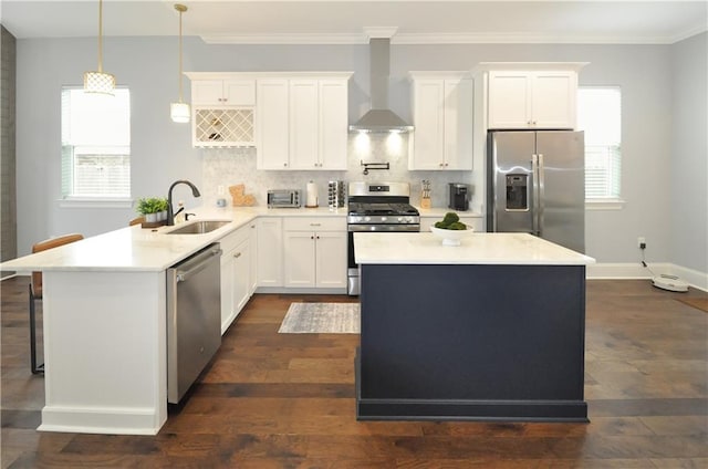 kitchen featuring wall chimney exhaust hood, sink, hanging light fixtures, appliances with stainless steel finishes, and white cabinets